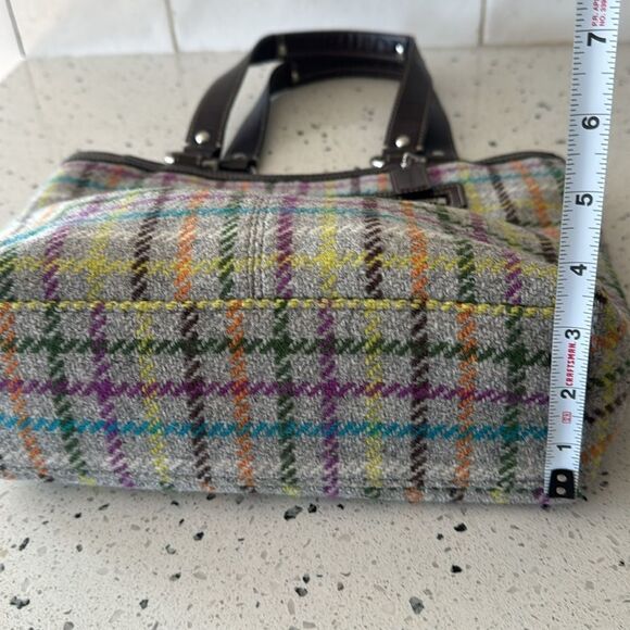 COACH Penelope Wool Tattersall Tweed Leather Trim Tote Shoulder Hand Bag Top Zip - Picture 10 of 13